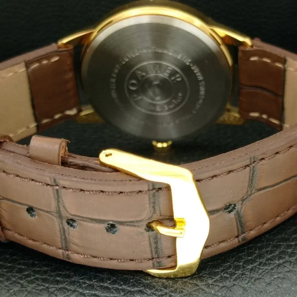 Vintage 1977 Roamer Manual Mens Gold Watch W/Leather Strap & Red accents